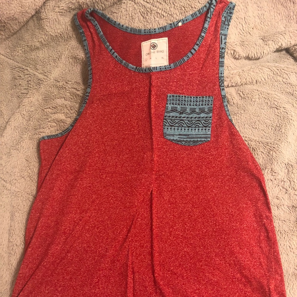 Red and blue tank top: On the Byas